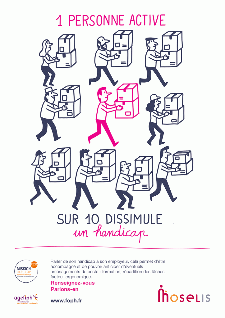 Semaine Européenne pour l’Emploi des Personnes Handicapées du 19 au 25 novembre 2018, affiche, 1 personne active sur 10 dissimule un handicap